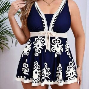 Navy and White Patterned Swim Suit